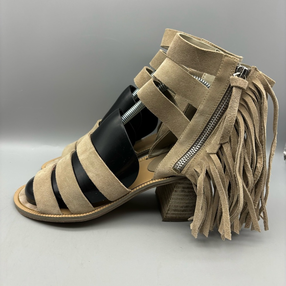 Marc Fisher Collin‎ Sandals Women’s Size 6 M Tan Fringe Open Toe Side Zip